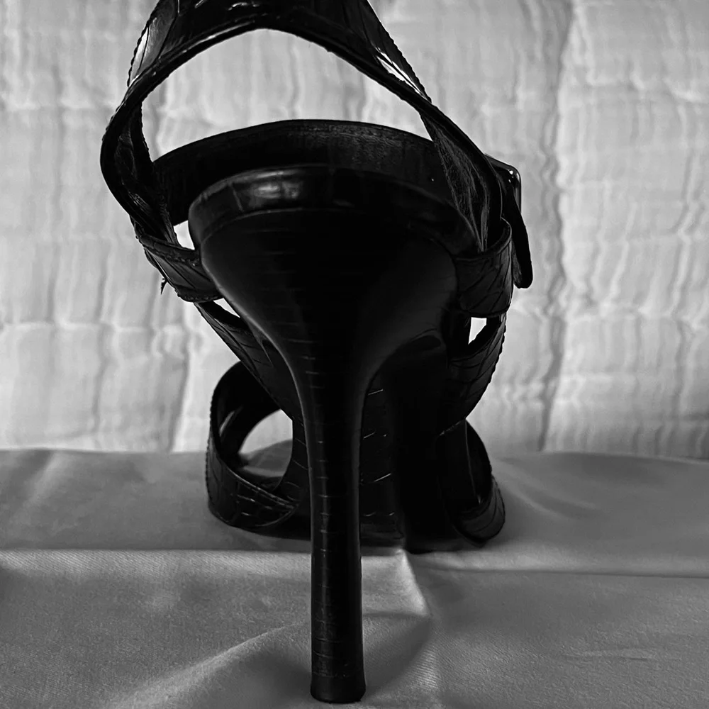 Ralph Lauren Black Genuine Leather Croc Embossed Strappy Heels 8B